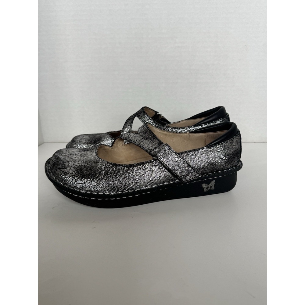 Alegria Mary Jane Shoes Black Silver Metallic Leather Onyx Crackle Women 39 - Picture 6 of 8